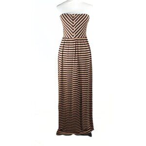 NWT Neutral Tone Strapless Chevron Stripe Maxi Dress Faux Wooden Buttons…